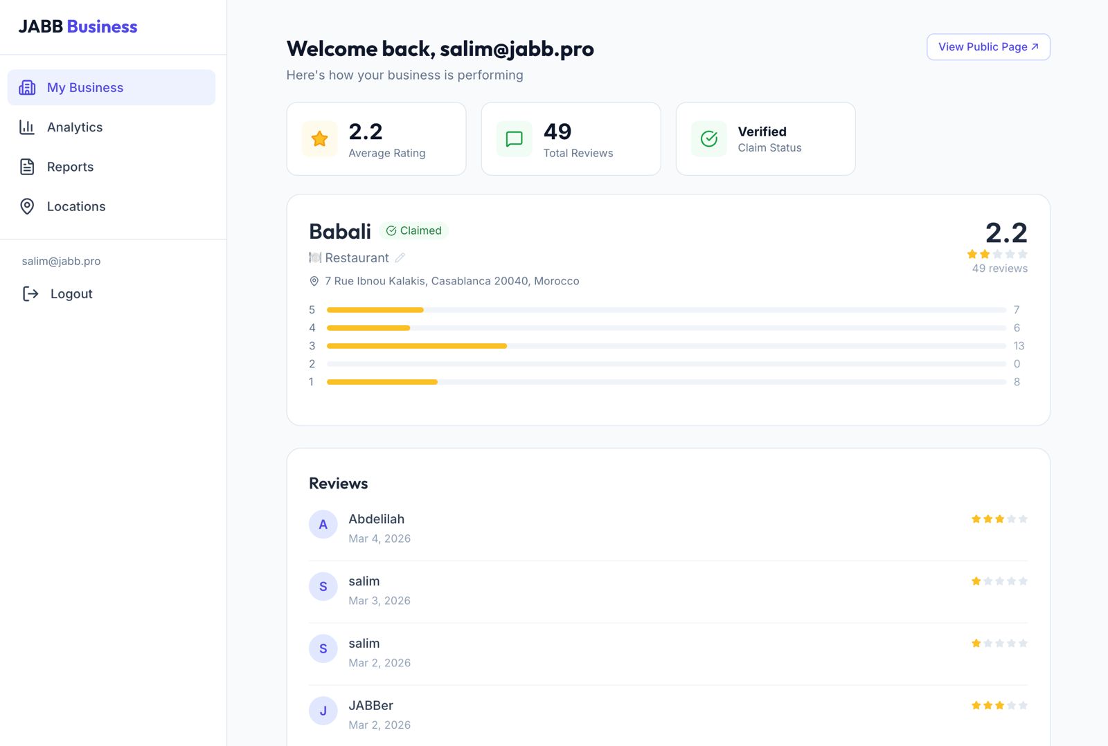 JABB Business dashboard with reviews